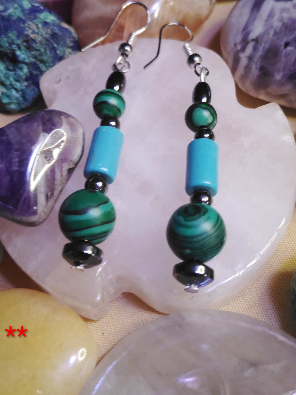 TURQUOISE, MALACHITE, HEMATITE ACCENTS. STERLING SILVER HYPOALLERGENIC EAR WIRE